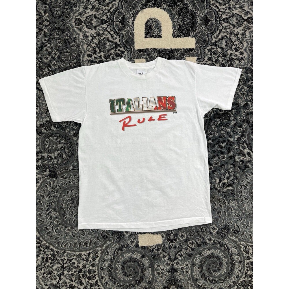 Vintage 90s Italian Rules Single Stitch Anvil Tshirt Size L Made In USA White